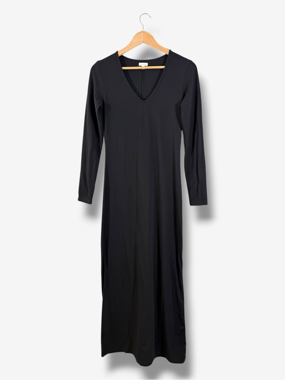 Cuyana Black Pima Cotton Modal Maxi Dress S/M Long Sleeve V Neck Side Slit